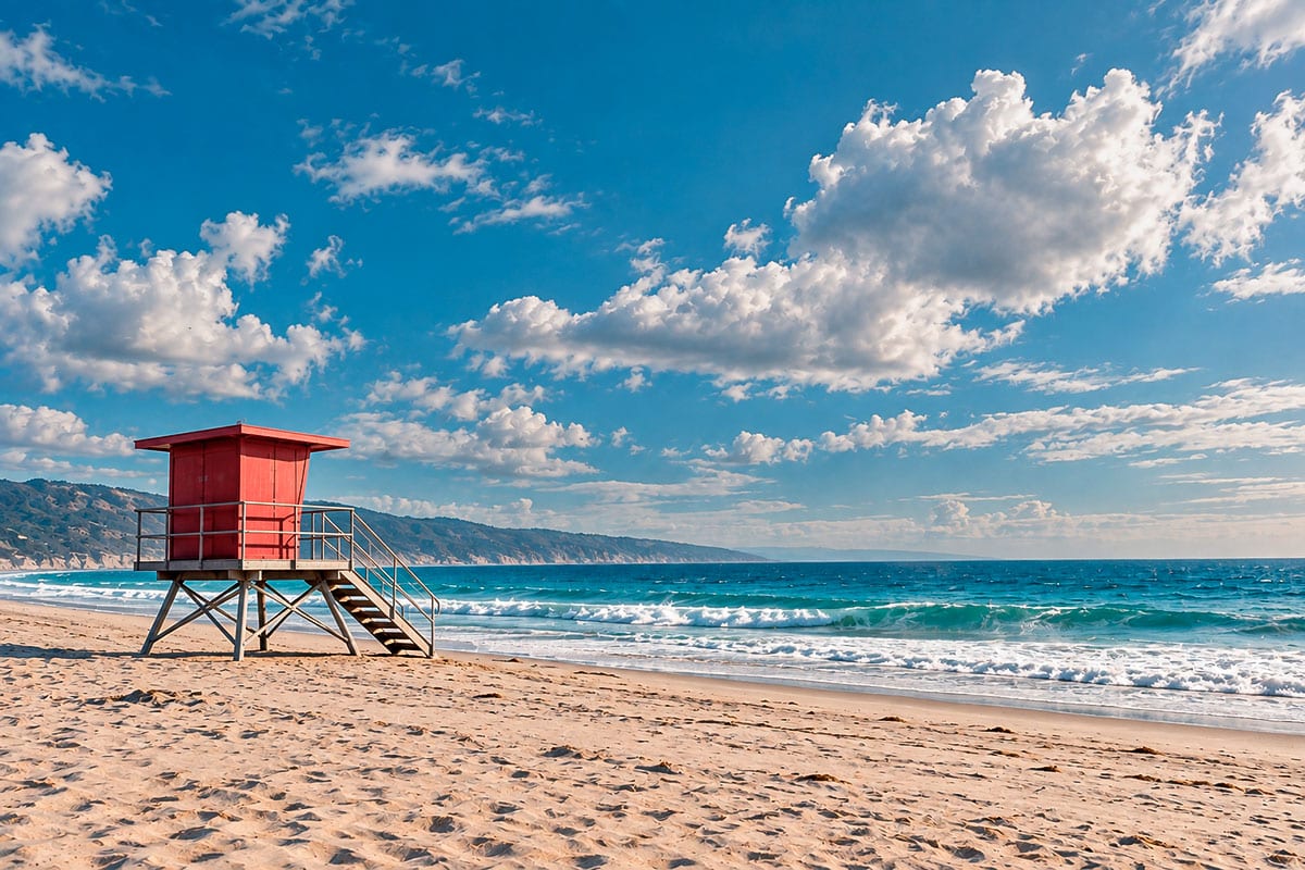 Red lifeguard tower overlooking a beach and ocean