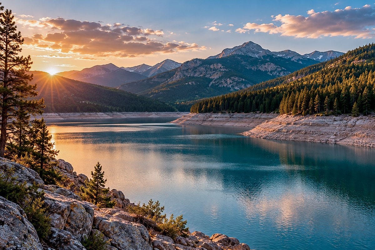 Mountain reservoir with exposed shoreline at sunset