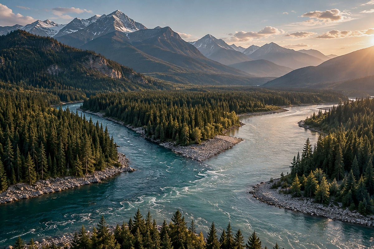 Two mountain rivers converging in a forested valley
