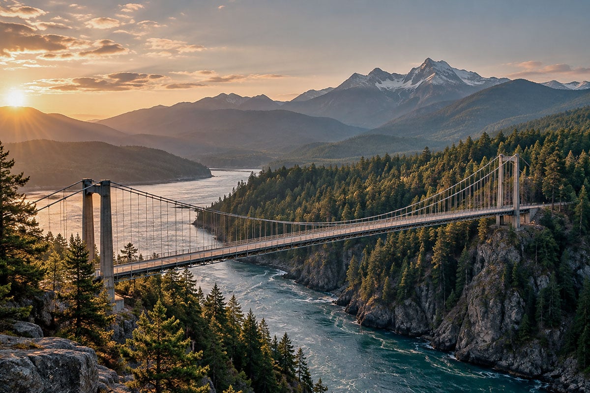 Suspension bridge spanning a mountain river
